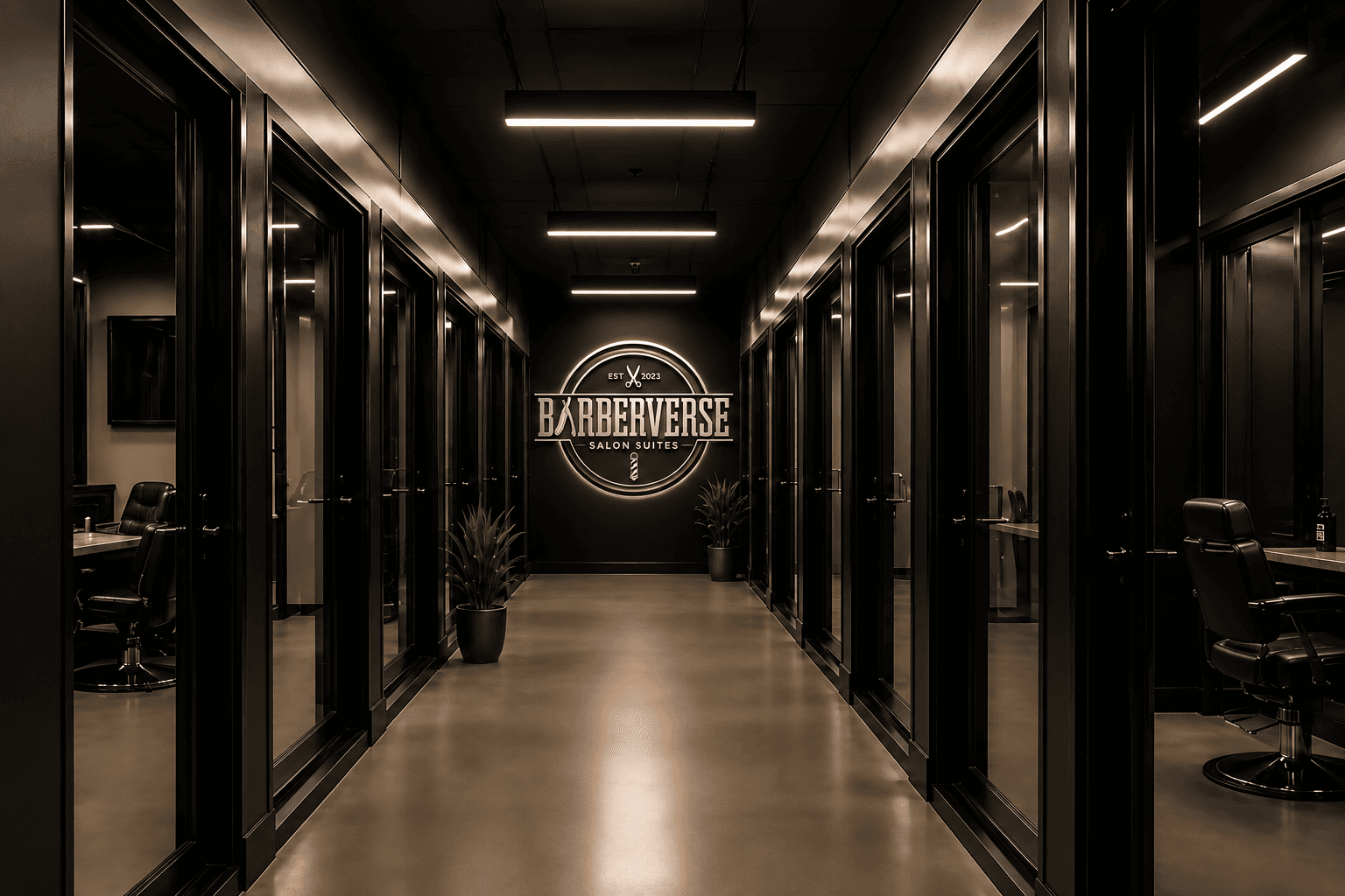 A hallway with BarberVerse Salon Suites on the sides.